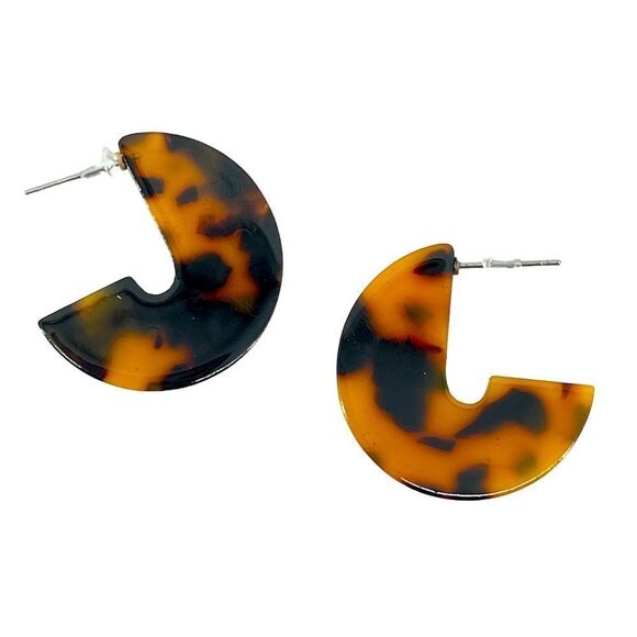 Tortoiseshell Brown Small Disc Drop Minimalist Crescent Post Back Earrings - Picture 1 of 11